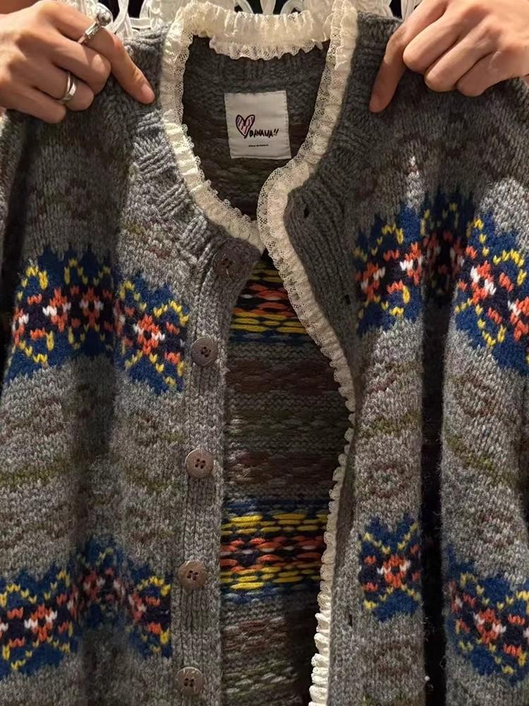 Korean Retro Color Block Fair Isle Cardigan - Soft, Cozy Knit for Autumn/Winter