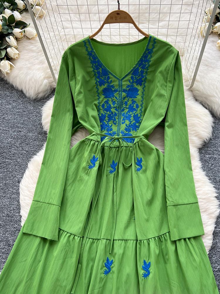 Women Spring Autumn Dress Retro Embroidered V-neck Strap Waist French Elegant Long Sleeve Grand Swing Long Dress