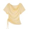 2026 Korean Style Lyocell Tencel Swing Neck Drawstring Short Sleeve Slim Fit Summer Top