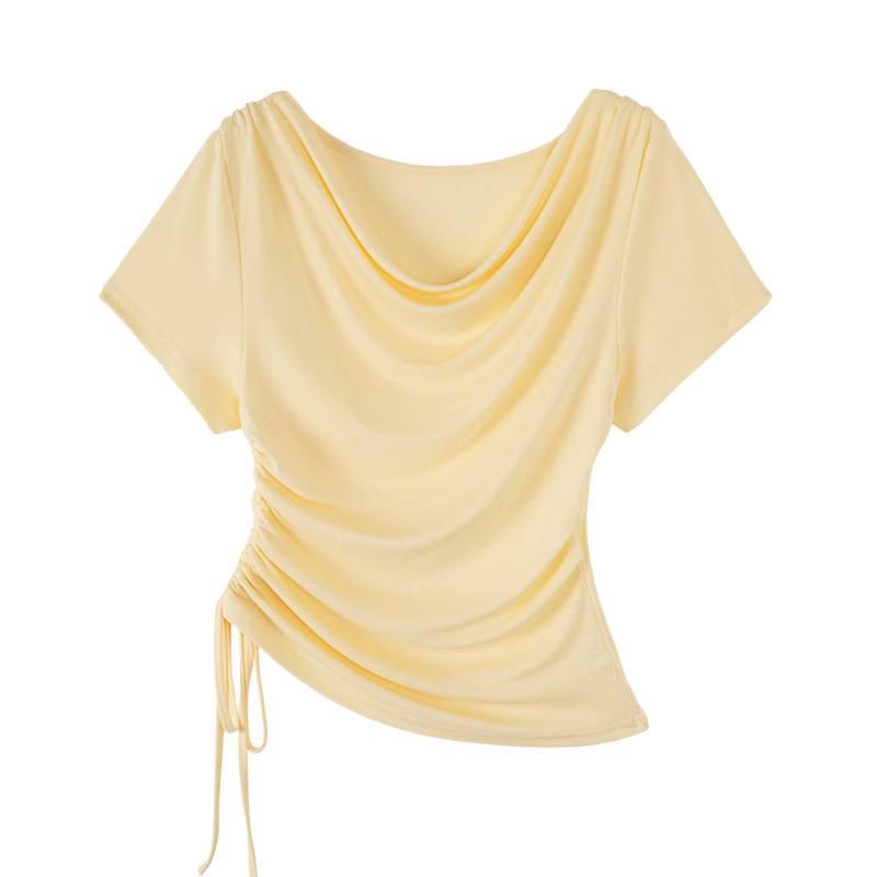 2026 Korean Style Lyocell Tencel Swing Neck Drawstring Short Sleeve Slim Fit Summer Top