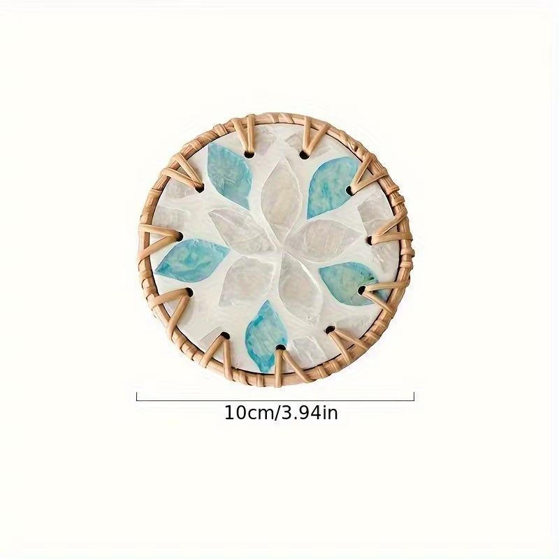 6pcs Handmade Resin Coasters Set Heat-Resistant Table Protectors with Shell Mosaic Leaf/Round Patterns Boho Coaster Party Decor