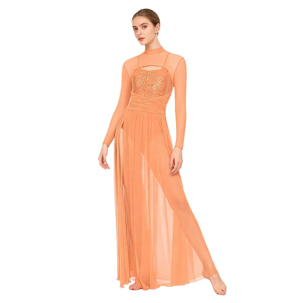 Ladies Sequin Long Sleeve Lyrical Dance Dress Mesh Tulle Flowy Maxi Long Dress Built In Briefs Performance Wear