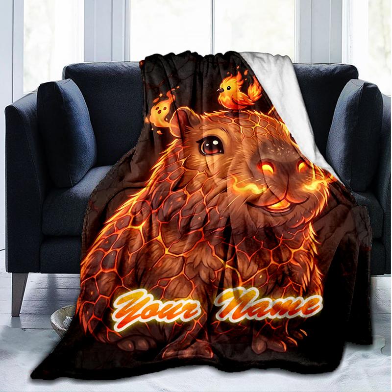 1PC Custom Name Luminous Capybara Birds Flannel Blanket Versatile,all-season Throw Suitable for the Living Room,bedroom,camping,travel,and Gift