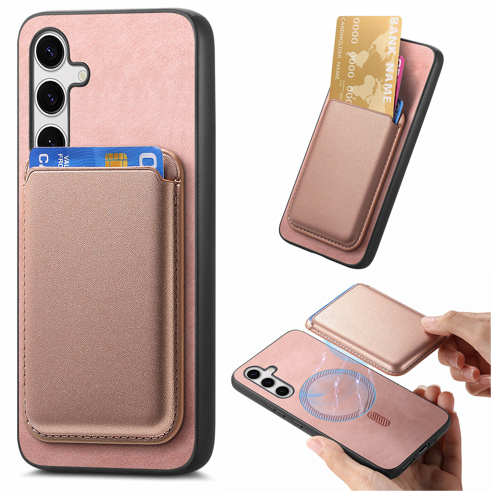 

For Samsung Galaxy S25 Case Detachable Magnetic Card Bag Leather Phone Back Cover Rose Gold