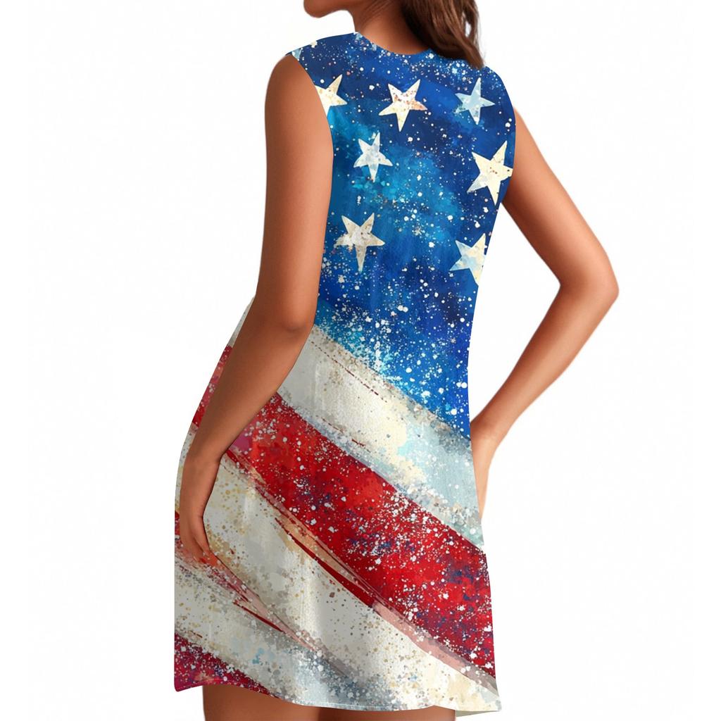 Women's Stylish Casual Independence Day Print Cuffless Pocket Dress