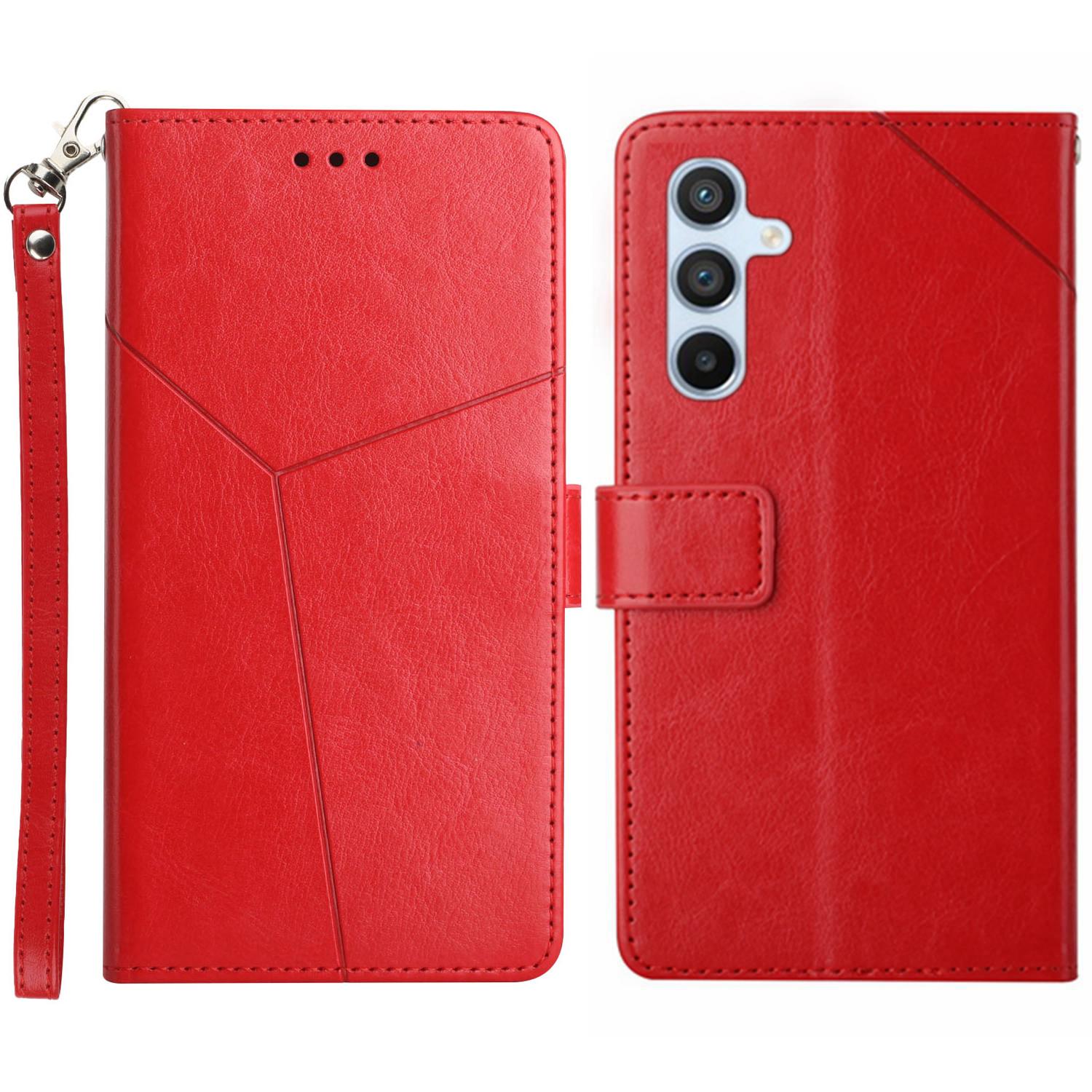 

For Samsung Galaxy A56 5G/M56 5G Case with Wrist Strap Y Shaped Lines Imprint Leather Phone Cover Red