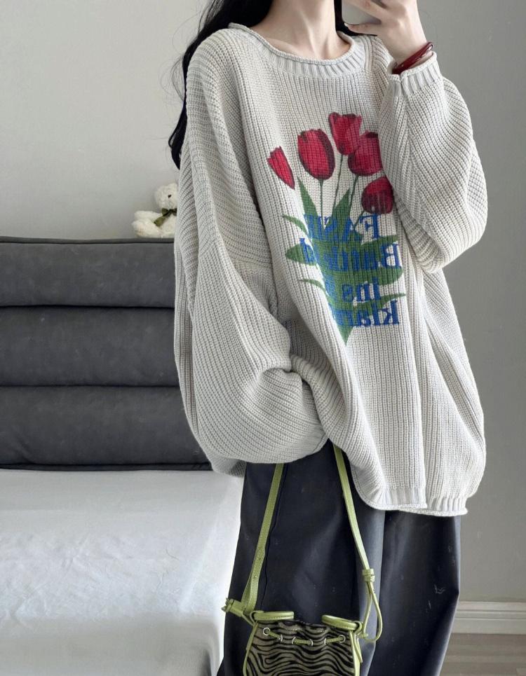 Pulover tricotat retro Femei Harajuku Vintage cu imprimeu floral Pulover lejer casual cu mânecă lungă Topuri cu gâtul O Haine Y2K Dulci