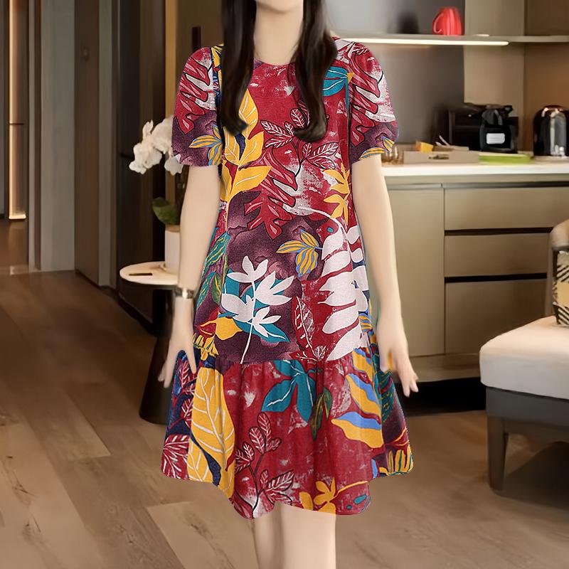 

ZANZEA Женское летнее платье с круглым вырезом, коротким рукавом, принтом, свободного кроя, повседневное 4XL красный