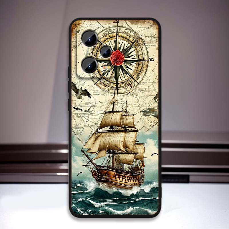 Vintage Kompass Illustration Für Xiaomi Redmi Note 15 14 13 12 12S 11E 11 11S Pro Plus 4G 5G Schwarze Weiche TPU Handyhülle