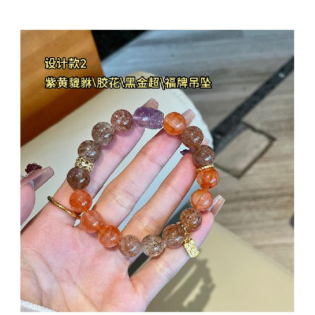 

Red Resin Flower Design Crystal Bracelet, Fortune-Bringing Pixiu Silver Obsidian Black Gold Super Seven Bracelet for Women, Natural and Authentic Black Gold Super+Glue flo