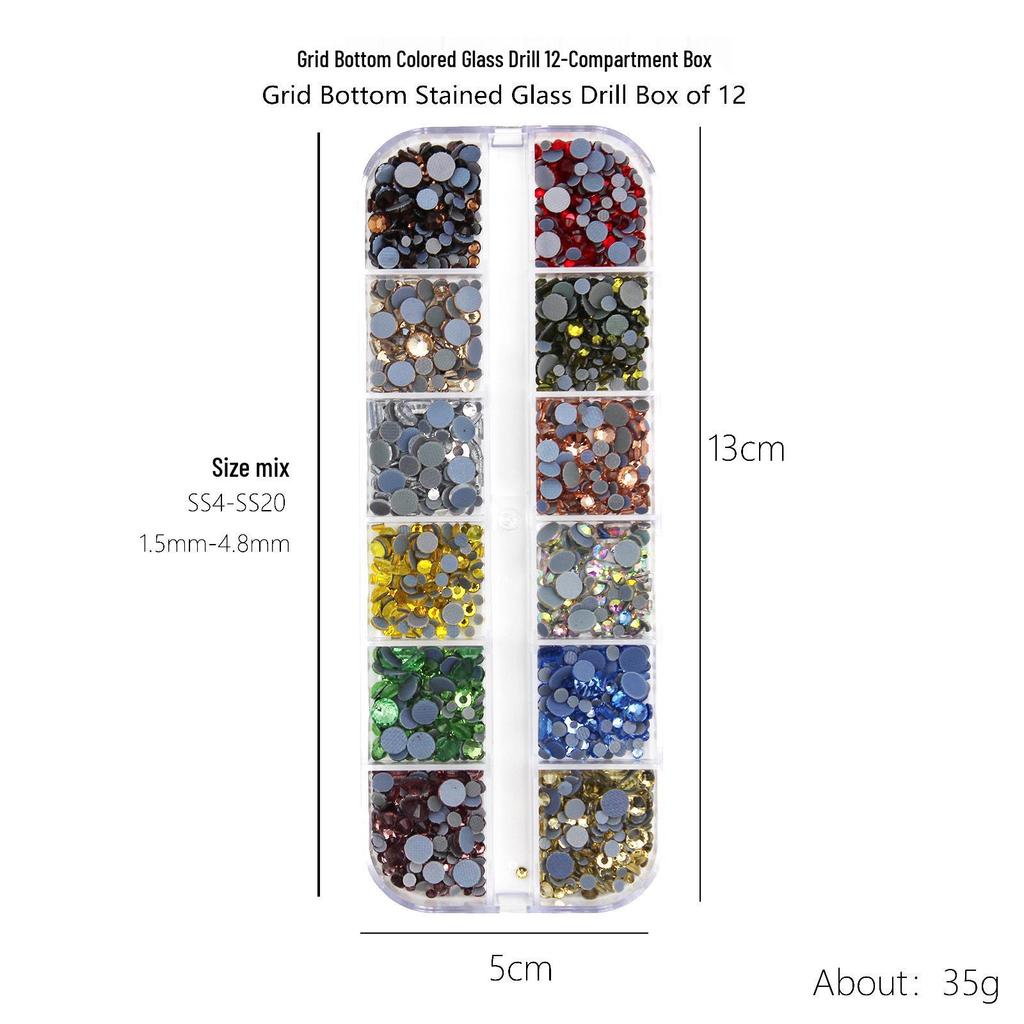 12-Fächer Strasssteine Set für Nagelkunst: Farbige Glas- & AB Irisierende Varianten mit flachem und spitzem Boden