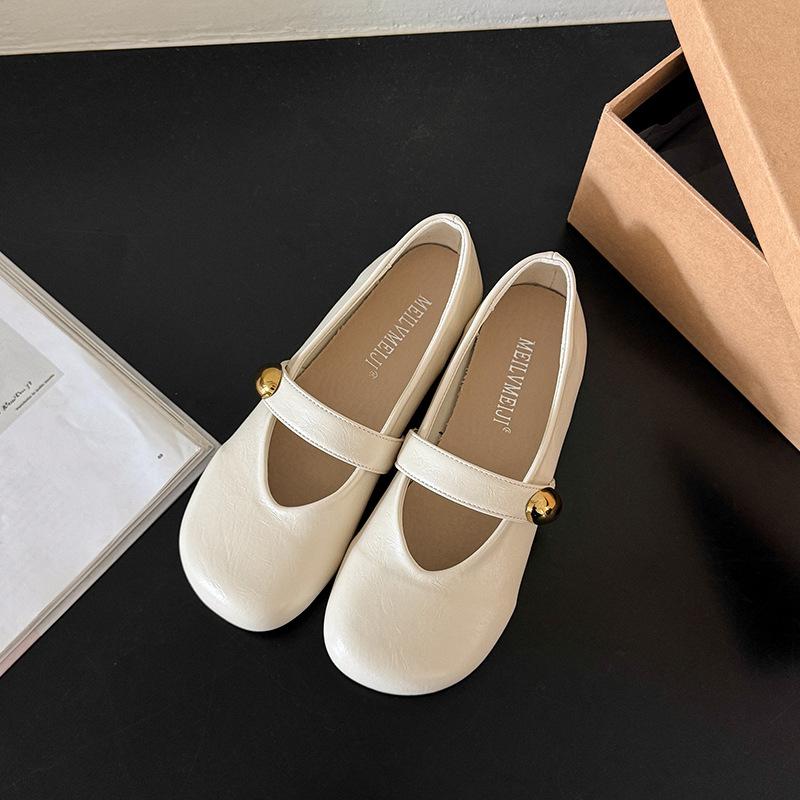 2025 Summer New Retro Versatile Round Head Flat-bottomed Casual Single Shoes Soft Leather Comfortable Versatile One-word Belt Women's Shoes