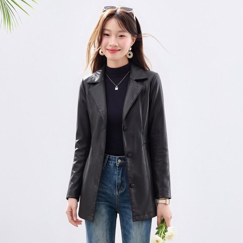 Sanpowa Women's Fall Windproof Lapel PU Leather Jacket