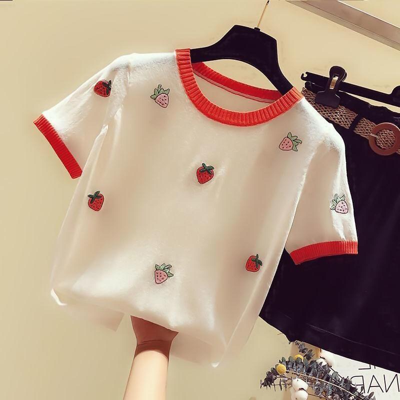 

Футболка для девочек из чистого хлопка с короткими рукавами и вышивкой в виде клубники, летняя, свободного покроя, для детей среднего и большого размера 130