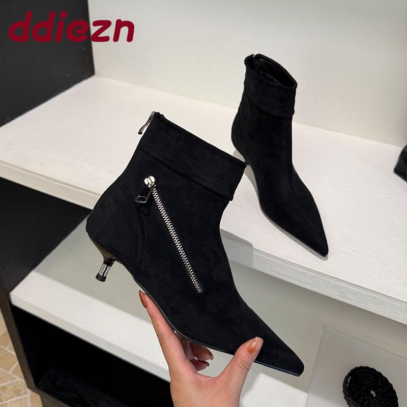 Fashion Fashion Zippers Ladies Ankle Boots Shoes Female Pointed Toe Flock Women Modern Short Boots With Low Heel Shoes Pumps Lady