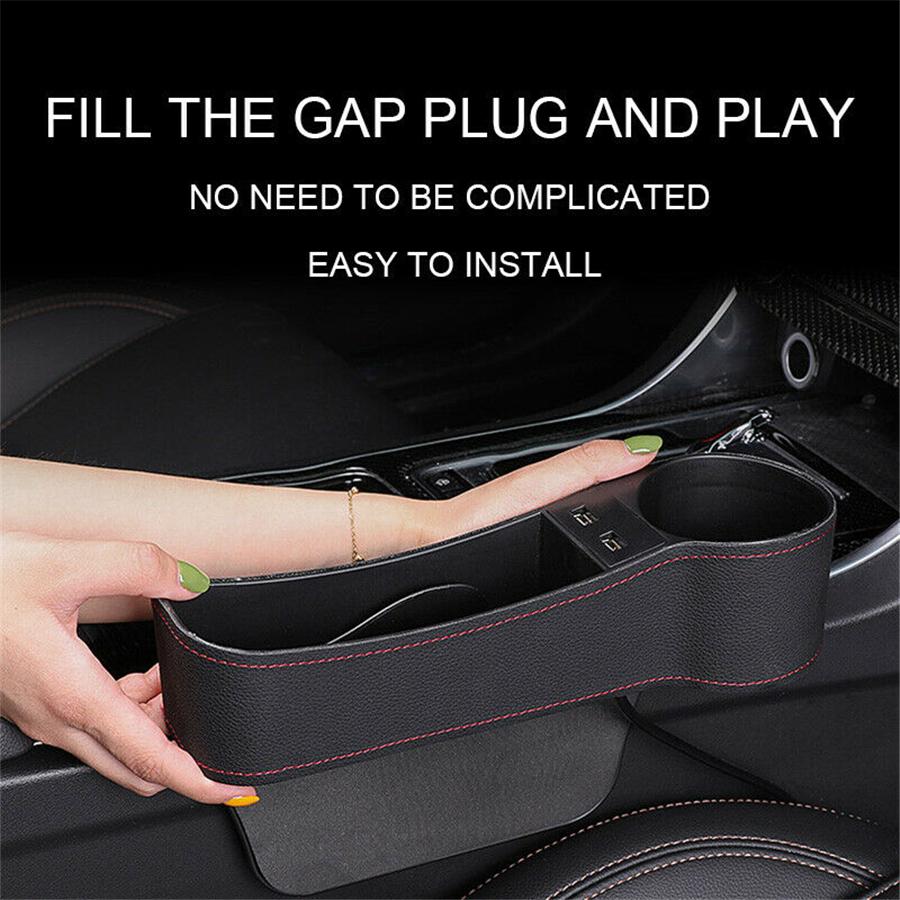 Pgrade Storage Box Car Seat Gap Organizer Pocket PU Leather Auto Seat Side Slit Accessories With 12/24V Cigarette Lighter Drive