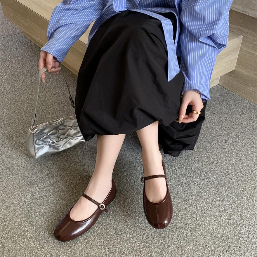 Little red shoes 2025 new round head one-word buckle shallow mouth flat shoes women's ballet soft sole Mary Jane single shoes