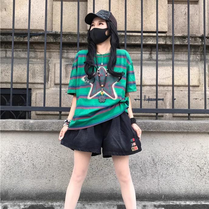 DIMANAF 2025 Summer T-shirt Women Spliced Star Printing Stripe Short Sleeve Loose Black