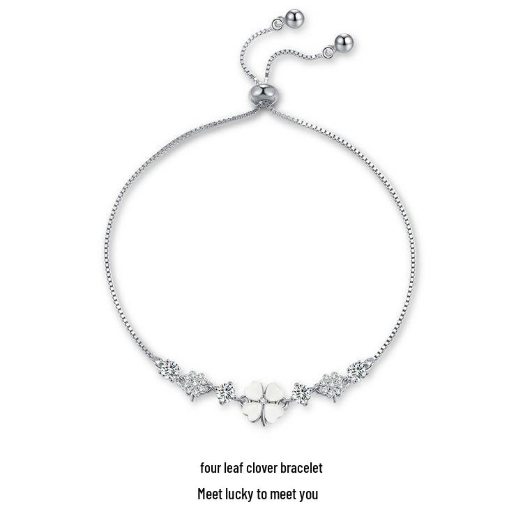 Elegant Women s Adjustable S925 Sterling Silver Four-Leaf Clover & Cat s Eye Heart Bracelet Bracelet Platinum