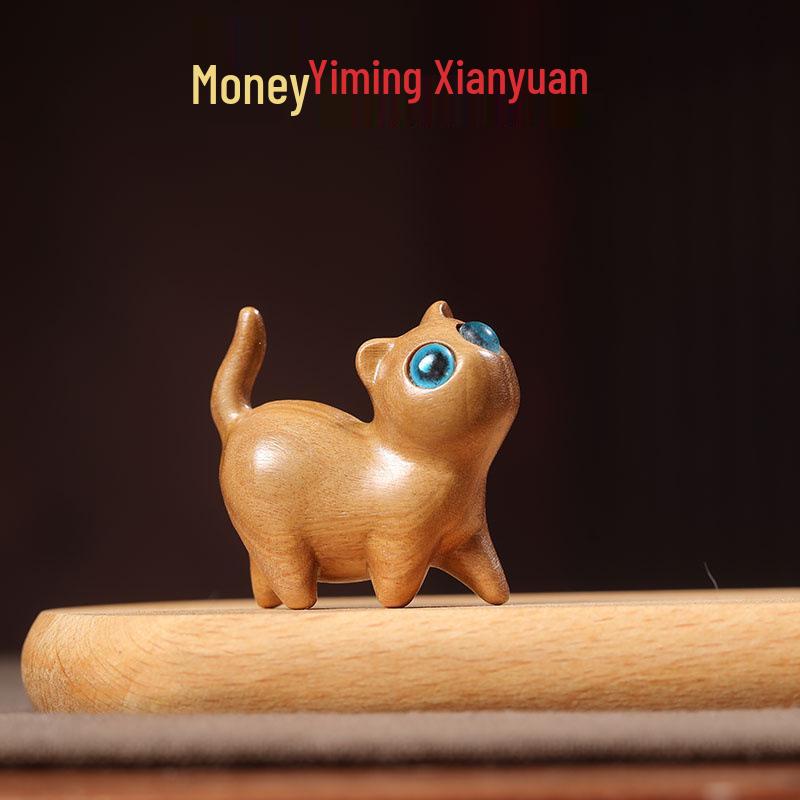 Green Sandalwood Curious Cat Figurine - Cute Creative Wooden Animal Stationery Gift