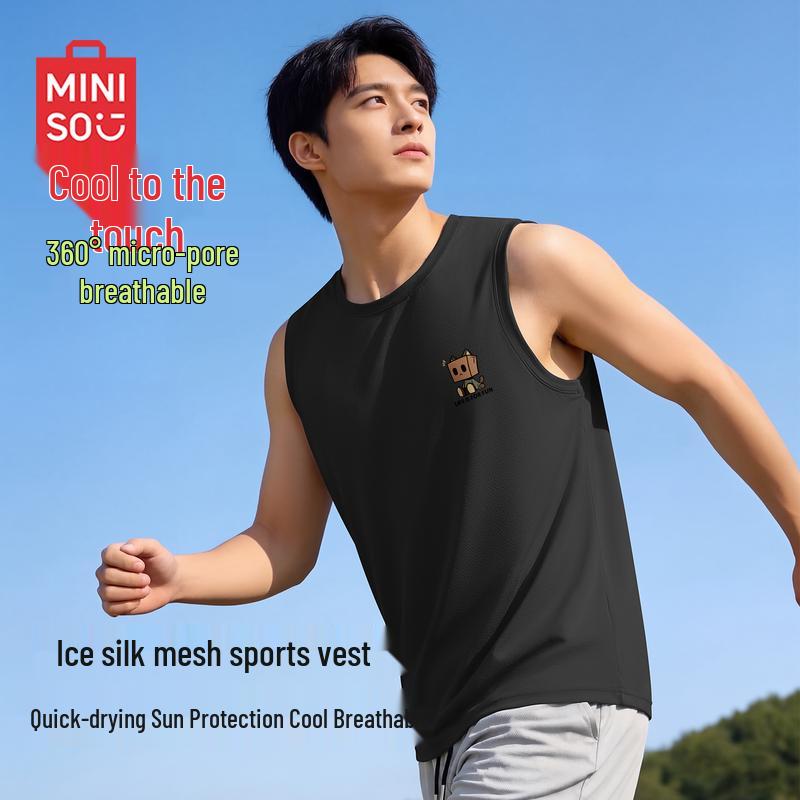 MINISO Men's Summer Mesh Breathable Vest T-Shirt with MB Cat Graphic
