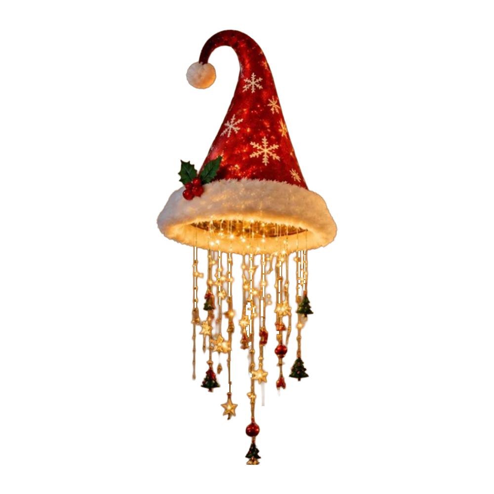 LED Santa Hat Pendant Light Hanging Lamp with Bell Tassel Star Decor Xmas New Year Home Wall Window Atmosphere Decoration Light