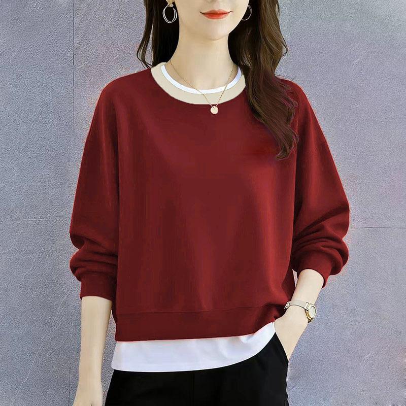 Spring and Autumn New Women's Round Neck Sweatshirts Loose Design Niche Fake Two-Piece Tops