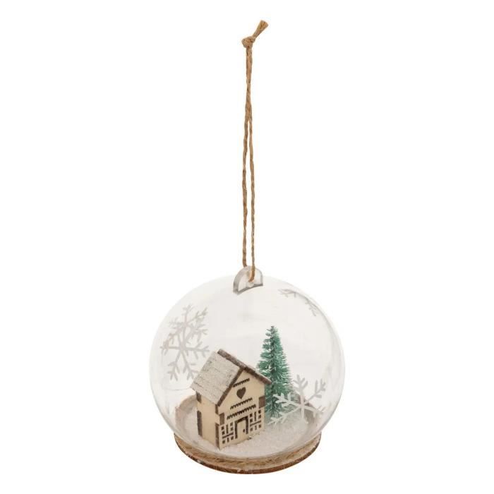 Boule De Noël - Maison Enneigée - 8 Cm - Transparente - Bois - Décoration De Noël