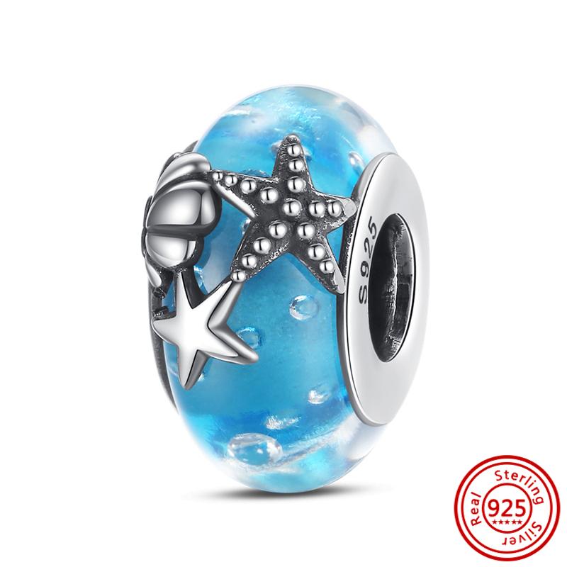 Hot Sale S925 Sterling Silver Blue Zircon Chameleon Starfish Shell Bee Beads Fit Original  Bracelet DIY Charm Jewelry