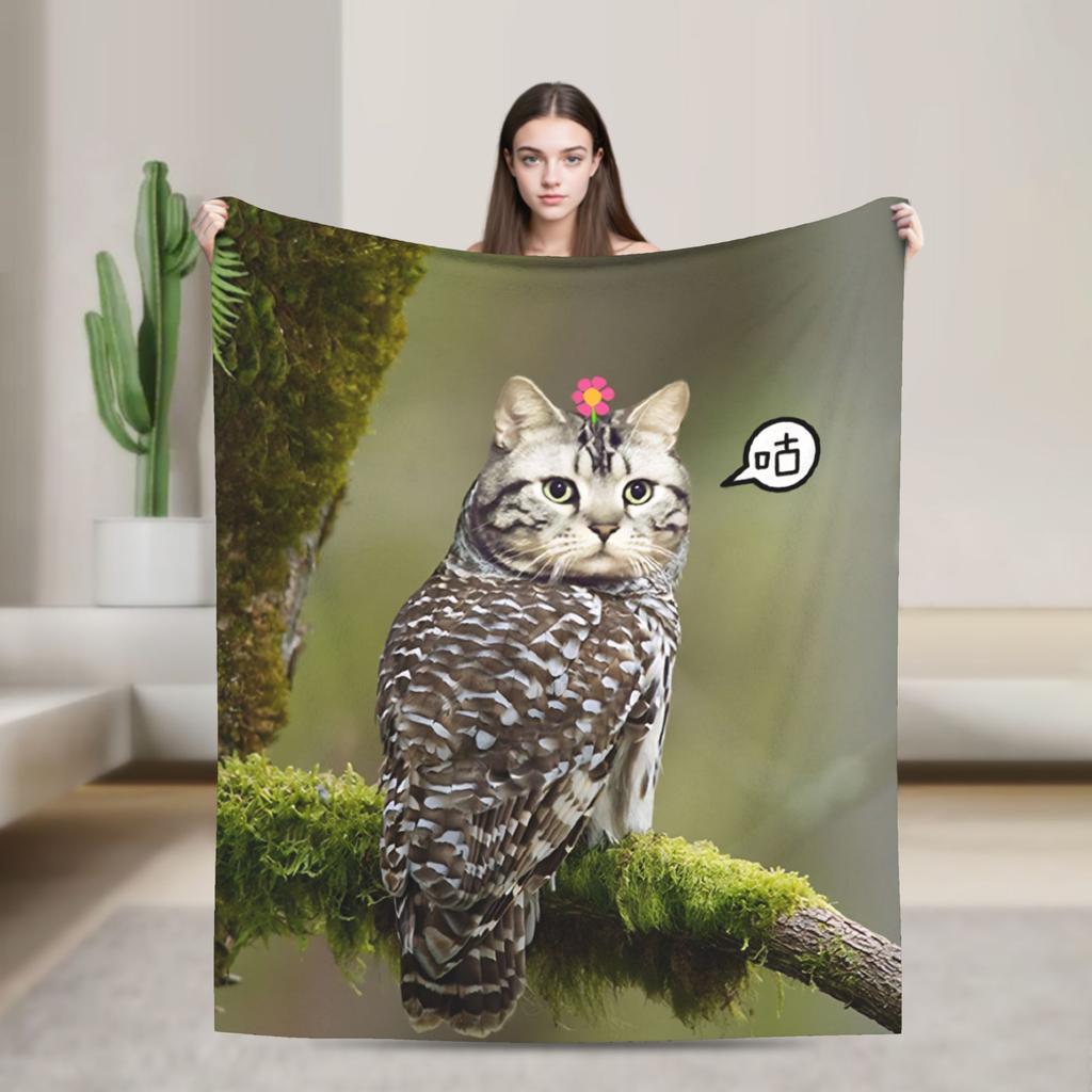 Cute Penguins Famous Meowl Cat Owl Meme Blanket  Warm Soft Plush Throw Blanket For Home Decor Travel Flannel Bedspread Bed Cover