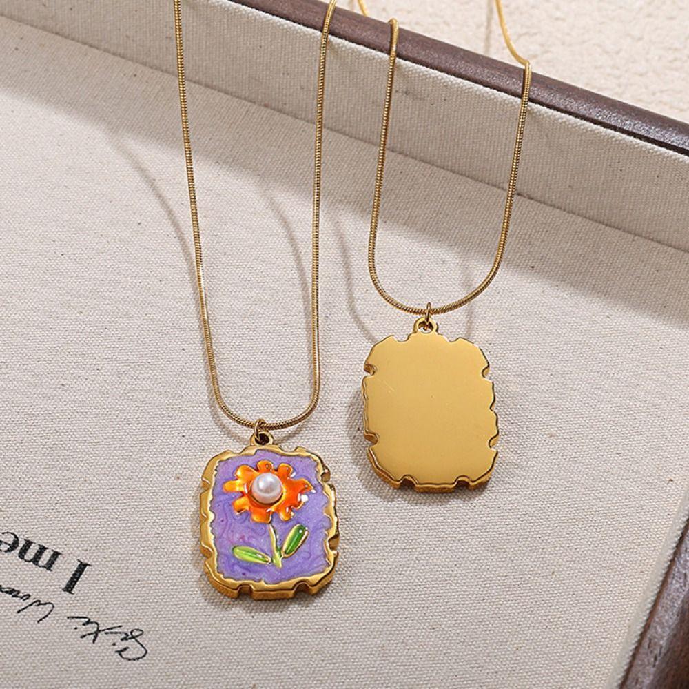 Dripping Oil Stainless Steel Chain Necklace Flower Clavicle Chain Sunflower Enamel Necklace  Women