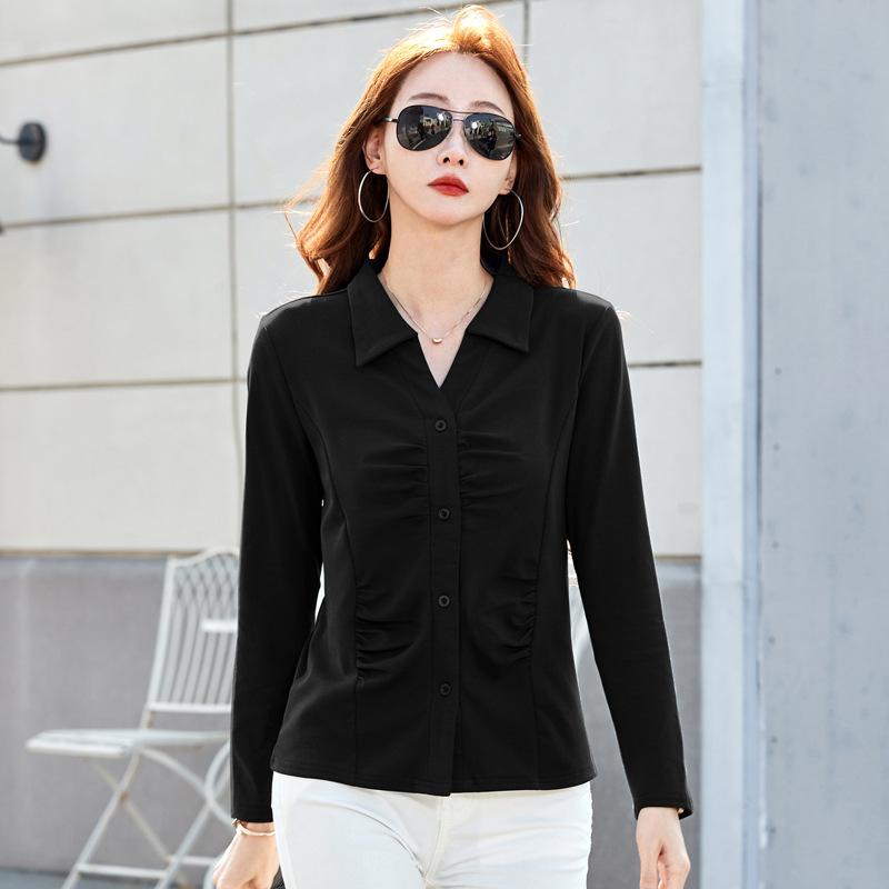 Spring Cotton Lapel Bottomed Pleated Buttons Solid Colour Versatile Long-sleeved Shirt