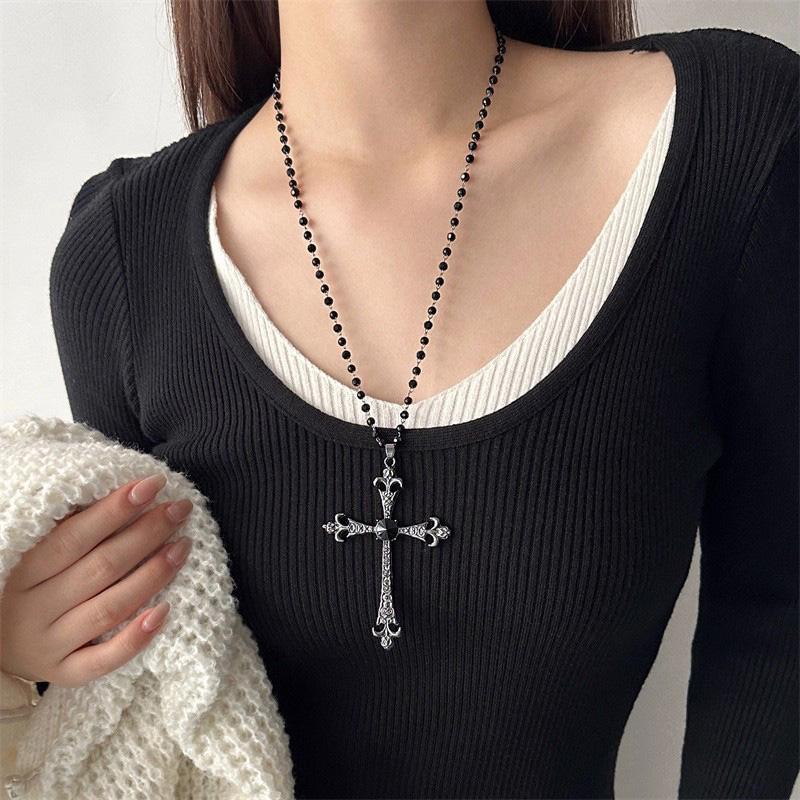 

Fashion Long Cross Chain Necklace Dark Goth Punk Zircon Necklaces Spicy Girl Y2K Subculture Black White Necklace for Women Gifts чорний