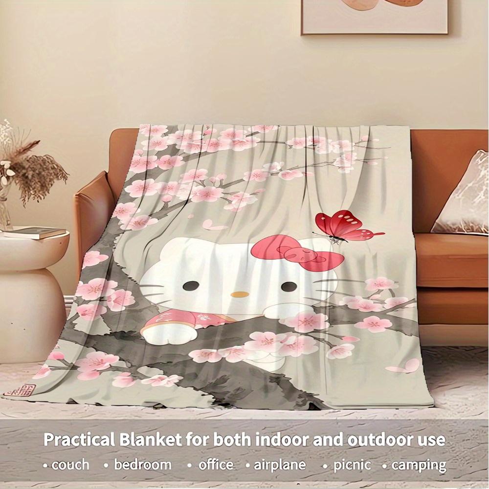 1pc Hello Kitty, Cherry Blossoms, ButterflyDigital Print Fleece Blanket - Contemporary Style, Suitable for All Seasons, Perfect for Home, Tr