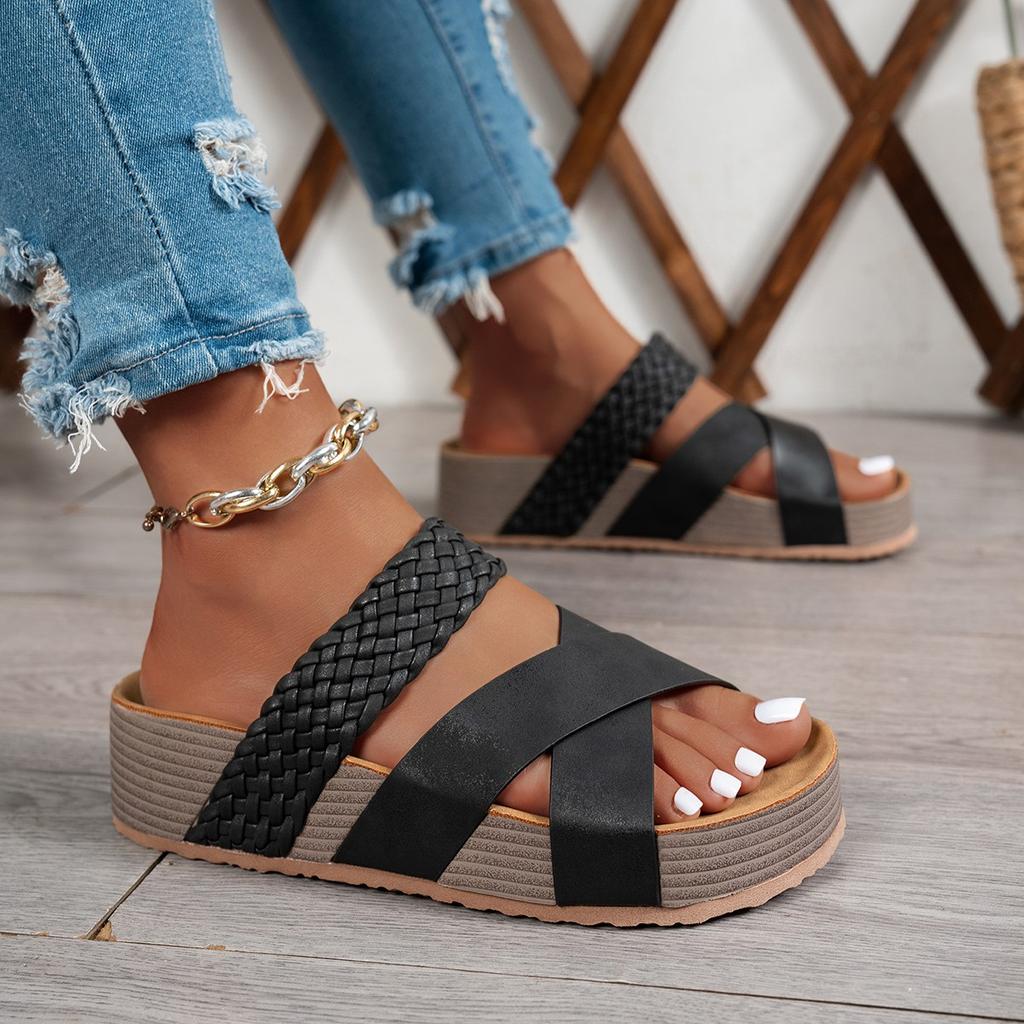 Summer Women Sandals Sexy Open Toe Broad Band Crossover Slip-On Thick Platform Shoes Casual Flat Slippers Big Size 43