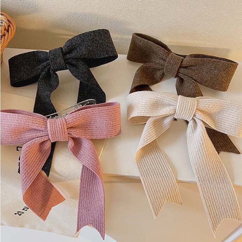 Korean Solid Color Large Pink Bow Hairpins for Women Girl Vintage Knitted Bowknot Ribbon Duckbill Clamp Clip Hair Accessories