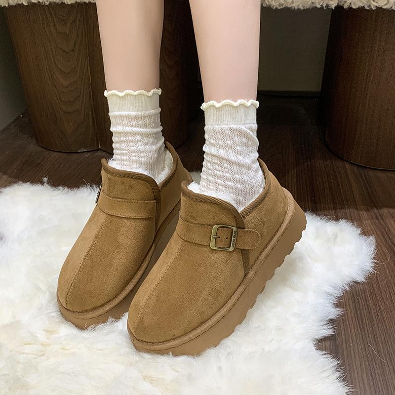 Fashion Metal Buckle Snow Boots Winter New Round Toe Spliced Suede Platform Anti-slip Wear-resistant Flat Cotton Boots