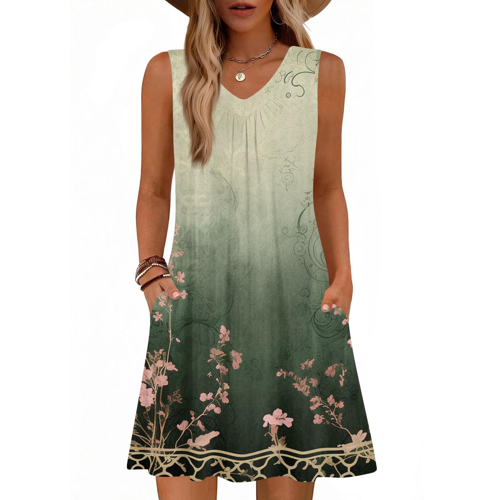 

Женский Модный Летний Топ-майка Без Рукавов с V-образным Вырезом, Принтованный, с Карманом, Повседневное Свободное Платье L армия зеленый