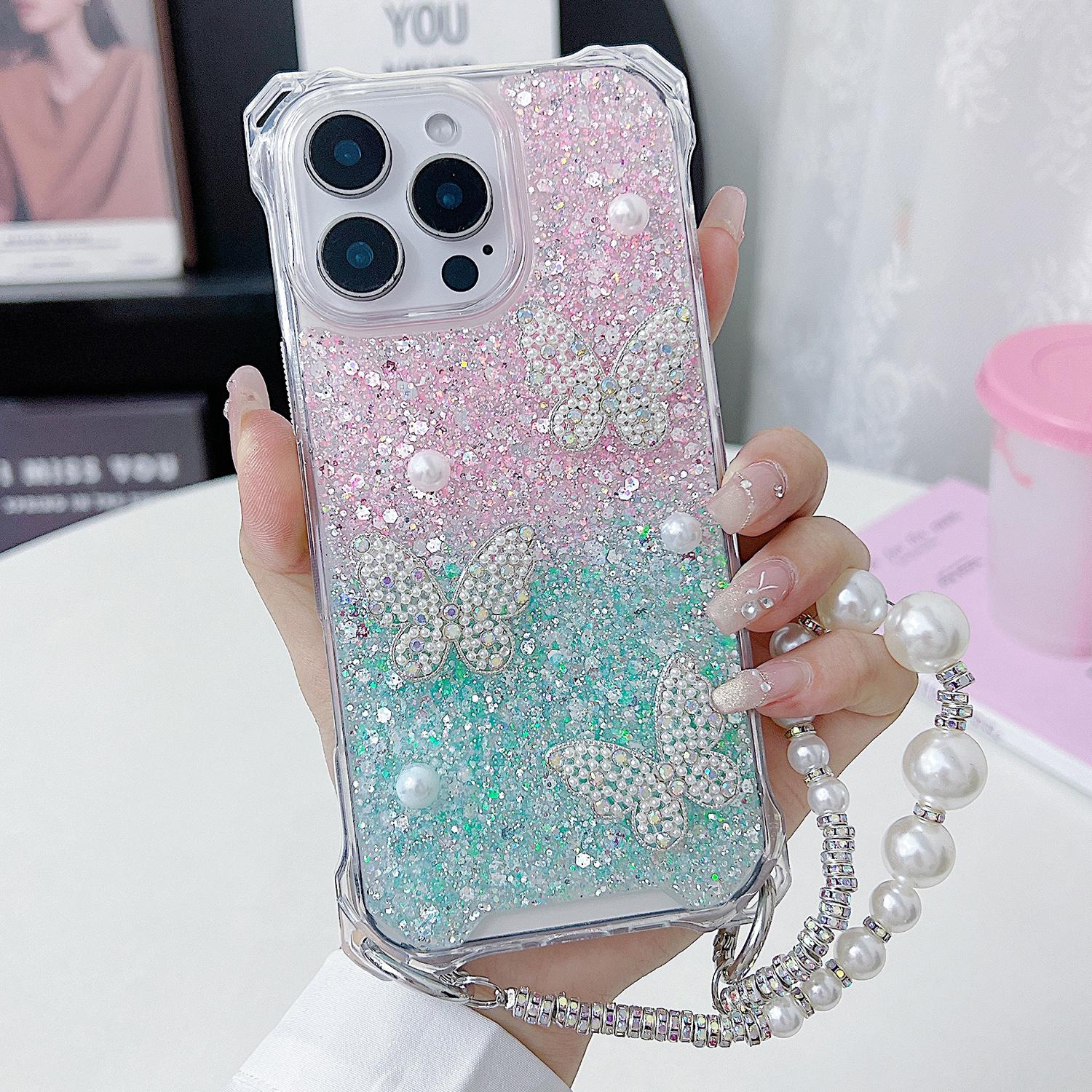 

For iPhone 15 Pro Case with Strap Epoxy Glitter Butterfly Decor TPU+Acrylic Phone Back Cover Pink/Green