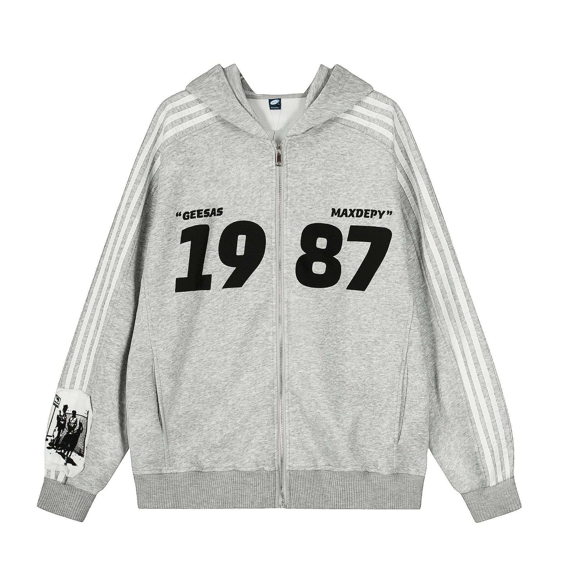 Men s Autumn American Vintage Hoodie Jacket Three Bar Patch Cardigan Zip Sweater M серый