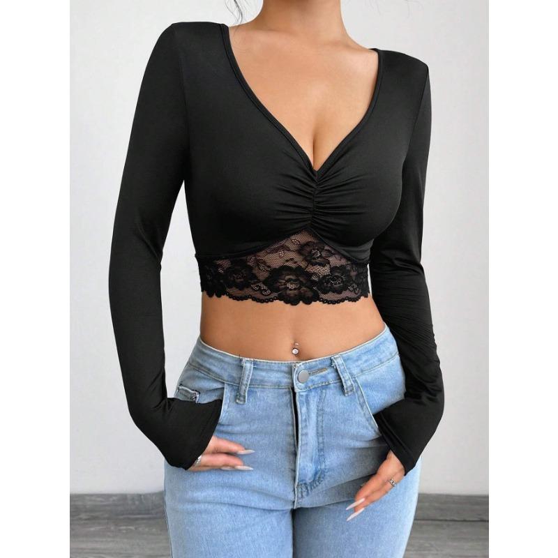 

Женская короткая футболка с глубоким V-образным вырезом и длинными рукавами, кружевная пэчворк, плиссированная XXL чёрный