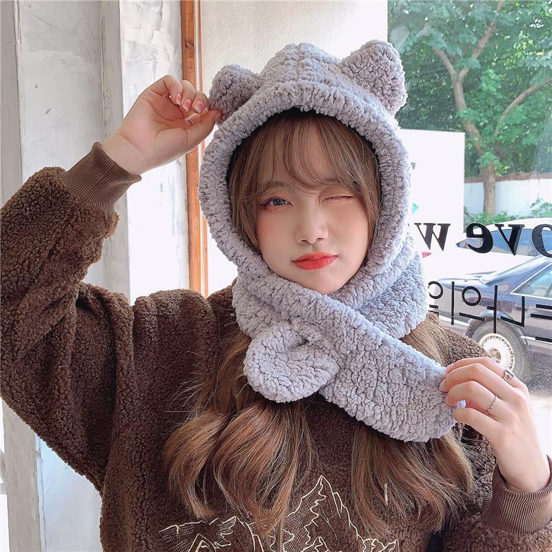 Bear hat women's winter scarf gloves three-piece cotton fleece integrated hooded cute thickened warm ear protector cotton hat