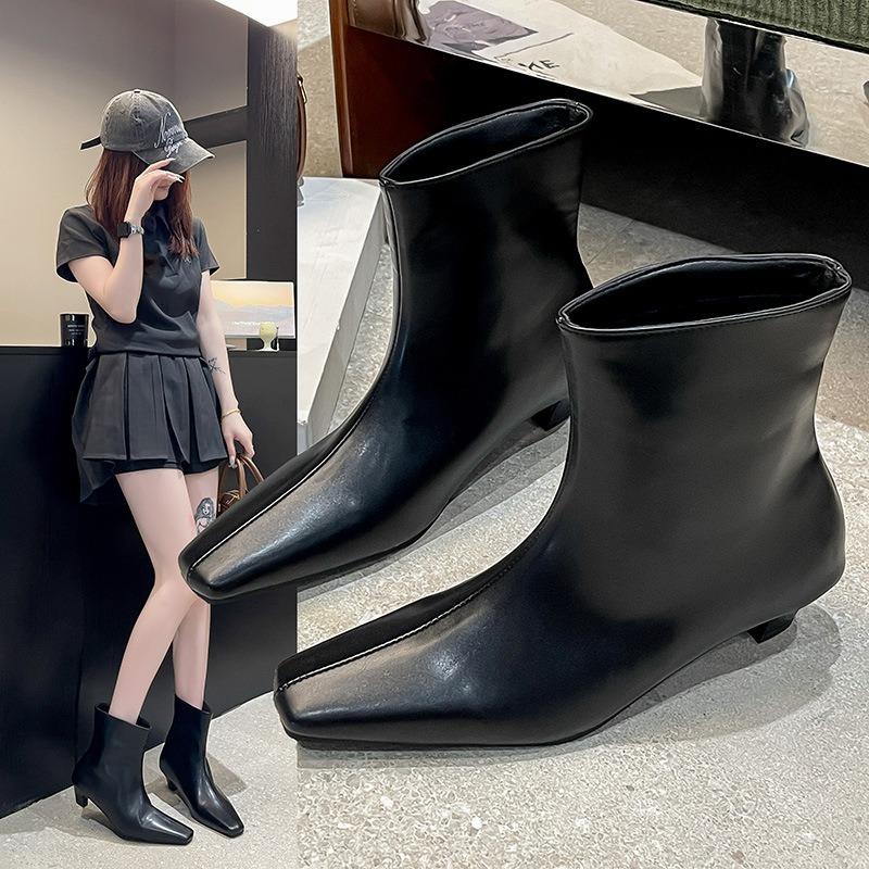 Fashion Pointed Toe Cat Heel Party Boots for Women Soft Leather PU Design Low Heel Wide Mouth French Style Ankle Boots Botines Mujer