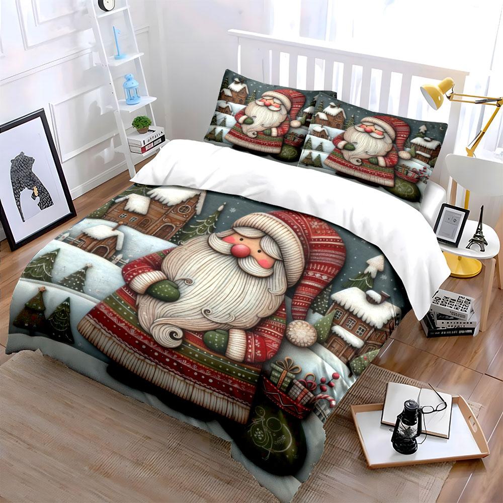 Christmas Santa in Snowy Village Bedding Duvet Cover Set  (1*Duvet Cover 2*Pillowcases, without duvet insert)