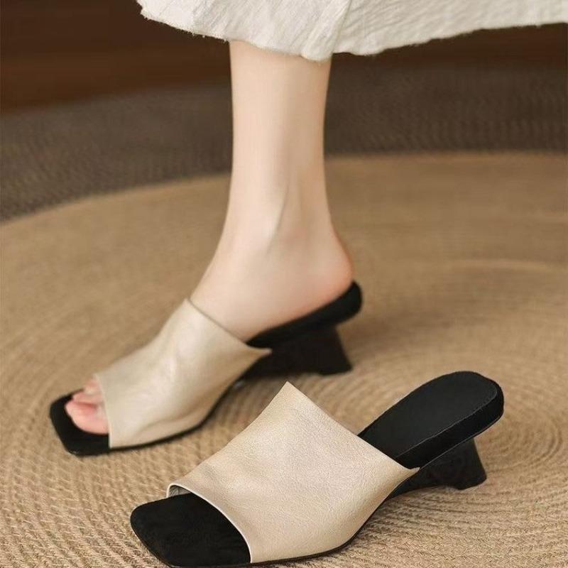 Fashion Soft Leather Sandals and Slippers for Women, New Summer Square Toe Open Toe Flip-flops with Skirt Special-shaped Wedge Heels