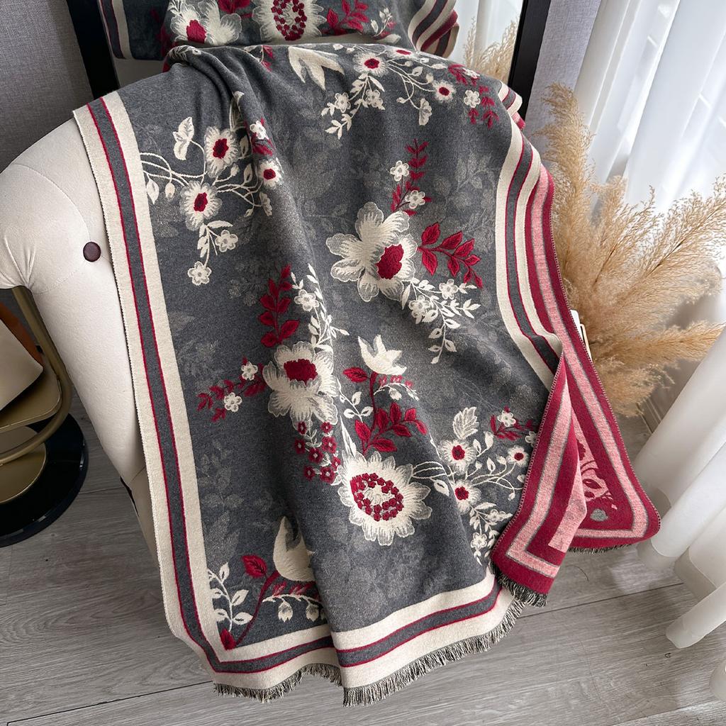 Elegant Flowers Jacquard Pashmina Imitation Cashmere Scarf Winter Thick Warmth Two-Sided Shawl Coldproof Windproof Blanket Scarf