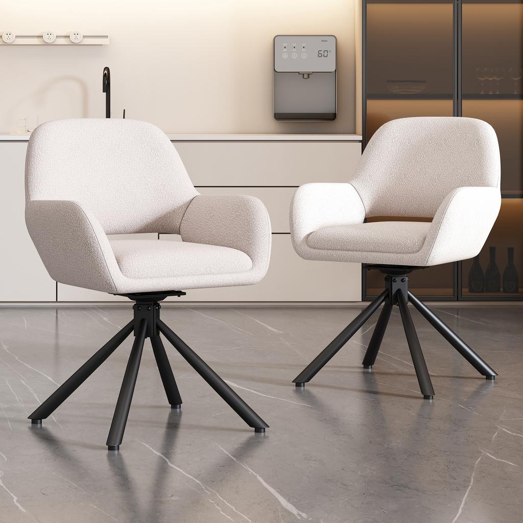 Swivel, Sherpa Fabric, Set of 2, With Armrests, Modern and Simple, Dining Chair, White