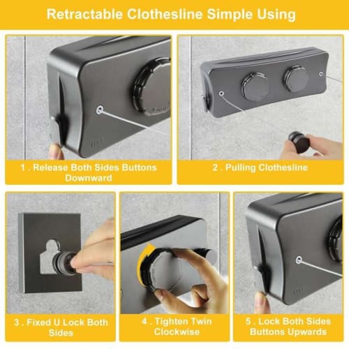 Retractable Clothes Drying Line, 16.7 Feet Long Twin Clothes Drying Line, Indoor Clothes Drying Wire, Wall-Mounted Stainless Steel Retractable Laundry