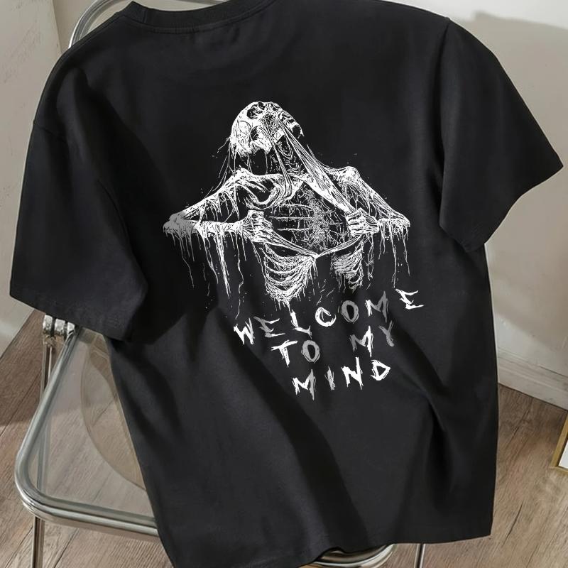 Cool Skull "WELCOME To MY MIND" Letter Print, Women's Round Neck Short Sleeve T-Shirt, Women's Athletic T-Shirt, Suitable for Daily Wear