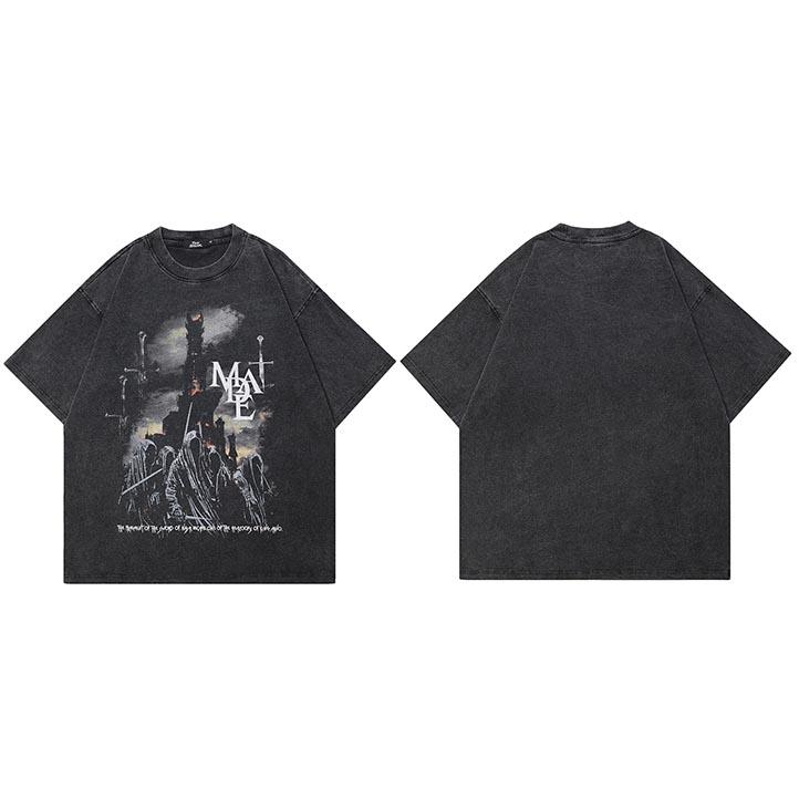 Hip Hop  Retro Washed Black TShirt Streetwear Scary Ghost Castle Graphic T Shirt Dope Men Cotton Tshirt Unisex Tops Tees S
